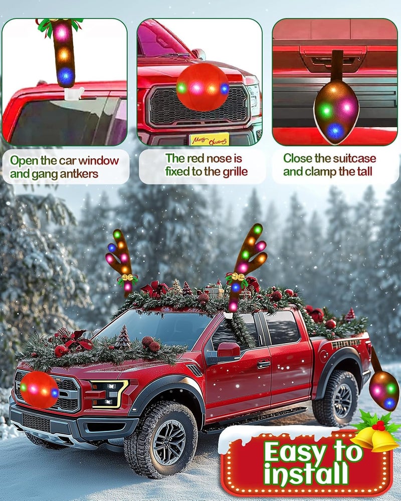 Dergo Christmas Reindeer Antlers Car Decoration Kit, LED Lights Nose Vehicle with Jingle Bells Rudolph, Auto Holiday Accessories for SUV Van Truck Decor Multicolor - Image 4